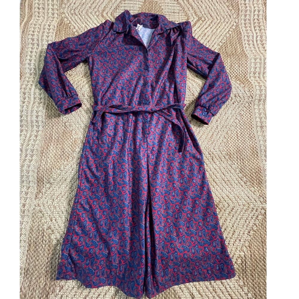 vintage Nancy Frock Felt red with blue paisley belted shirt dress